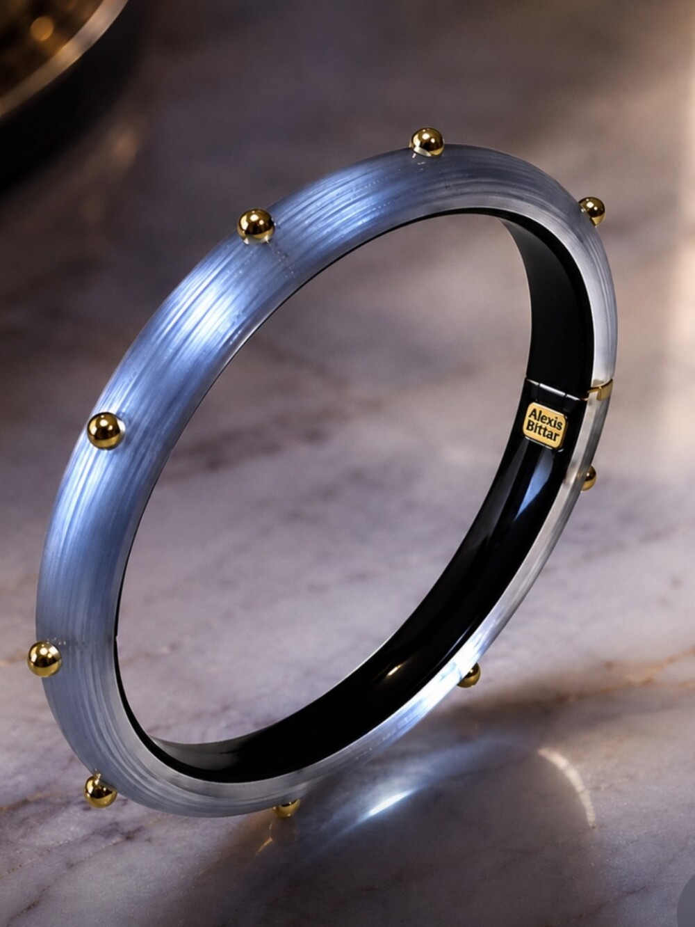 Alexis Bittar Blue Gray Lucite Gold Studded Hinge Bangle Bracelet